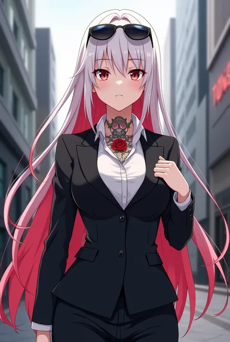 An image of Izana Kurokawa from the Anime Tokyo Revengers but in her female version with white skin, long white hair with tips that fade to red wearing an elegant black business suit while on his neck he has a tattoo of a rose and he has sunglasses on his ...