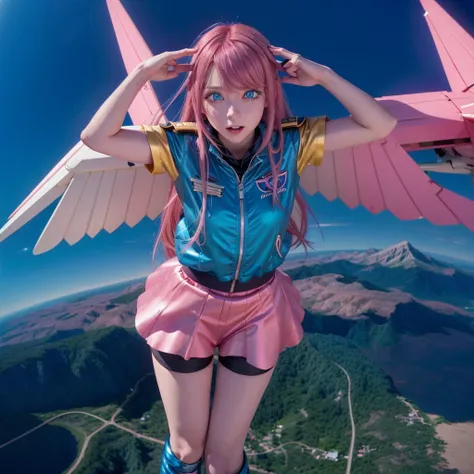 Pink haired anime girl, blue eyes, dressed in aviation clothing, with metal wings and flying in the sky with a pose of raising the arms