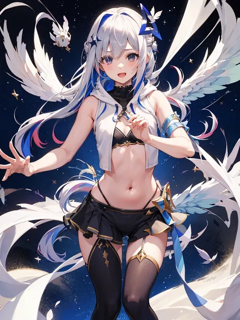 The Four Canatas,Hololive,Cool pose,Night Sky,Top View,(Sleeveless,belly button,One white feather),sea of clouds,(A flying dragon in the background),Wearing a black hoodie，White shirt，shooting star