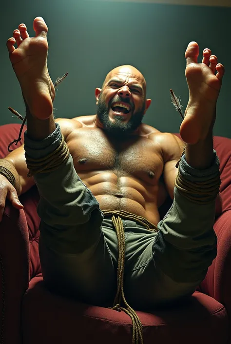 A handsome，Orc with abs tied to the sofa，Shoes taken off，Revealing two big bare feet，Both feet are locked in the foot，Feet raised，Soles facing forward，Five toes tied with rope in foot，His hands were tied tightly to one end of the sofa.，His upper body was s...