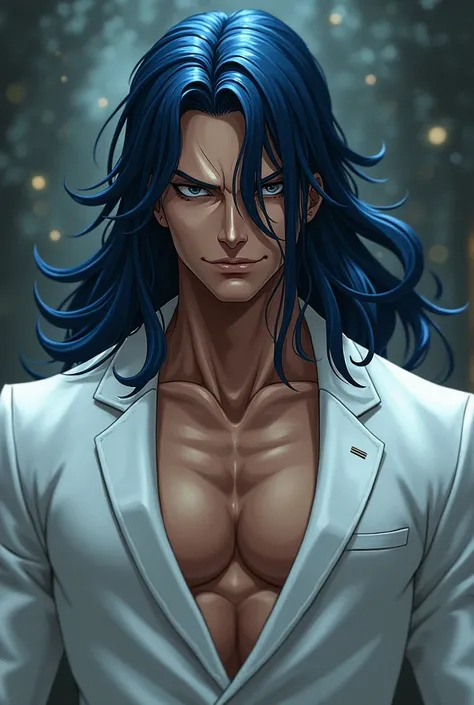 estilo one piece , a man with long dark blue hair, delicate appearance, dressed in a white suit , Tanned skin and sharp teeth
