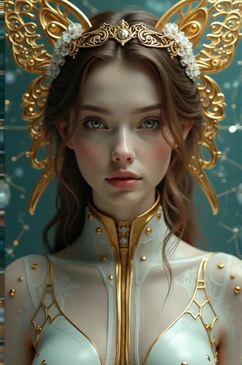 8k portrait of beautiful cyborg with brown hair, intricate, elegant, highly detailed, majestic, digital photography, art by artgerm and ruan jia and greg rutkowski surreal painting gold butterfly filigree, broken glass, (masterpiece, sidelighting, finely d...