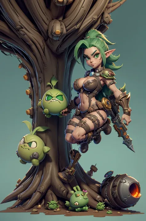 Rayman Legends style tree, character estilo art rayman legends, girl, fully body, STYLE mercenary with futuristic doom style weapons, Giant Accessories,Giant Monster, big breats,Little bunny,big breast, sensuality, elfo, mascot next door,doom style weapons...