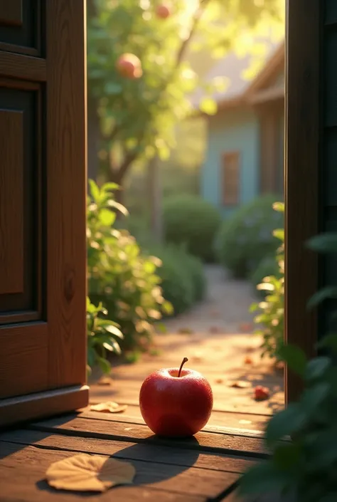 looking down at an apple on a doorstep in the early morning 