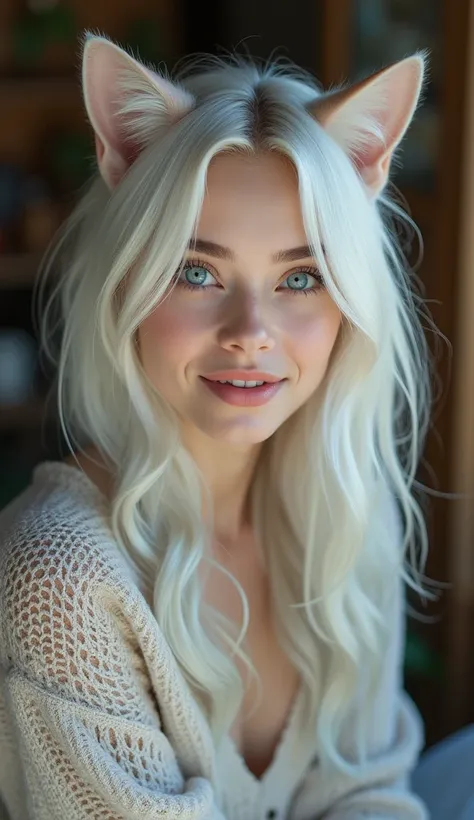 (Masterpiece: 1.2, highest quality), (real photo, intricate details), 1 Lady, Solo, Upper body, Casual, shoulder length hair, Minimal makeup, Natural fabric, Face close-up, Smile, Home, white hair, blue eyes, cat ears,