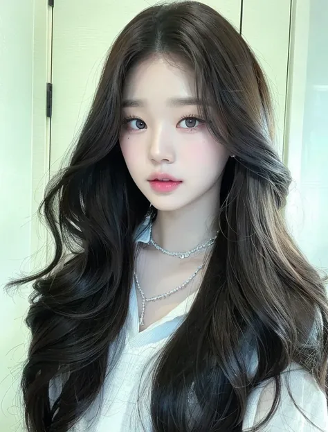 a close-up of a woman with long brown hair, wonyoung de ive, portrait of wonyoung from ive, wonyoung de ive, wonyoung de ive, so...