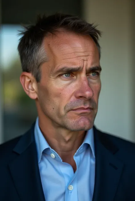 A middle-aged man with short brown hair and blue eyes, wearing a dark blue suit jacket over a light blue button-down shirt, looks sideways away from the camera with a tense expression, his expression confused. [Candid portrait, natural light], [Inspired by...