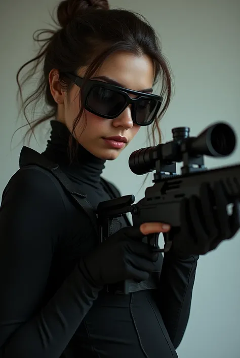 A women  holding a sniper  and wearing a black goggle and looking so.attractive and elegant 