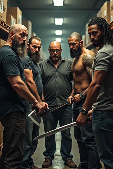 Four white men and one mulatto looking at the camera holding bladed weapons described below for each one ,being 1 bearded bald man with a cleaver, second man with glasses, beard and hair, wearing a Nike shirt with a katana in his hand , third a tall bald w...