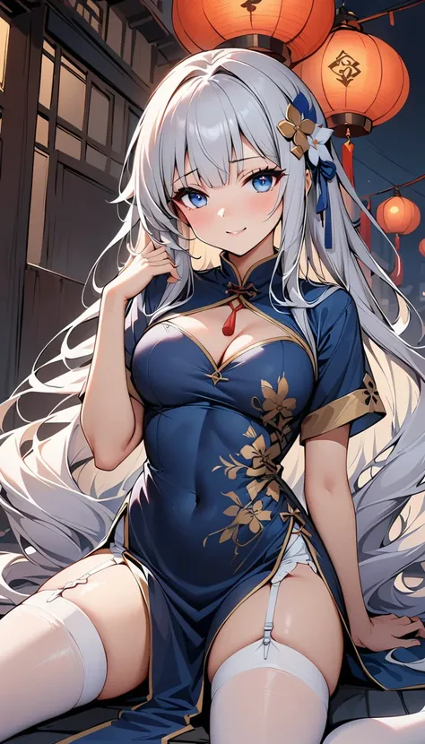 masterpiece, Highest quality, One girl, Famous (Maiden lily brilliance) (Azur Lane), Gray Hair, Very long hair, blue eyes, hair ornaments, chest, chestの谷間, China dress, Chinese clothing, Official Alternative Costumes, White knee socks, Garter Straps, Short...