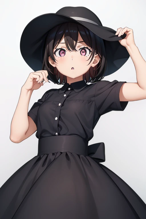 1girl,:o,black_dress,bob_cut,brown_hair,commentary_request,cowboy_shot,dress,hat,highres,looking_at_viewer,osanai_yuki,parted_lips,pink_eyes,puffy_short_sleeves,puffy_sleeves,short_hair,short_sleeves,shoushimin_series,simple_background,solo,teiku_(tokageza...