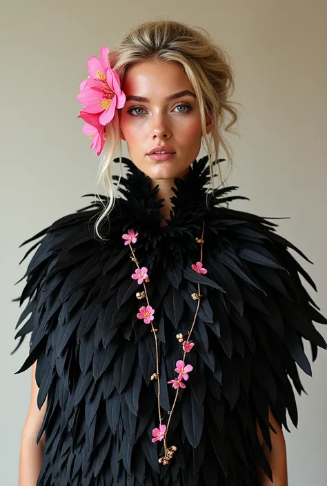 a picture of a blonde woman, with Easter Island dance attire of black feathers, full body and a pink flower on the left side of the head along with a path of small pink flowers in the hair 