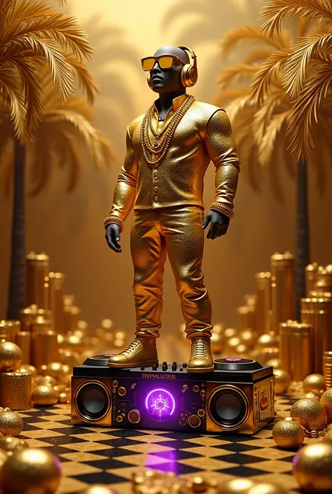 a statue with large, golden glasses, several gold chains on, huge gold headphones, The statue is only up to the torso and below it has a DJ console with gold speakers on the sides. It has gold palm trees and gold coins, luxury gold cars and small details a...