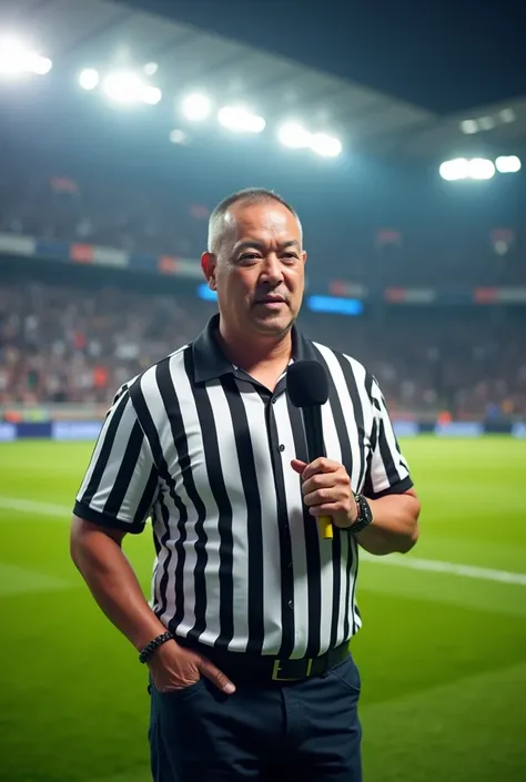 one  men, white skin color, short, cropped black hair, with black and white striped hawk shirt, em on, with microphone in hand on a football field, giving interview.