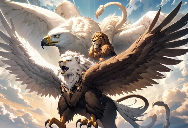 A griffin (head and mane of a white eagle, huge eagle wings attached to the shoulders, fore legs and talons of a bald eagle, body and hind legs of a lion, lion tail) flies majestically in the clouds