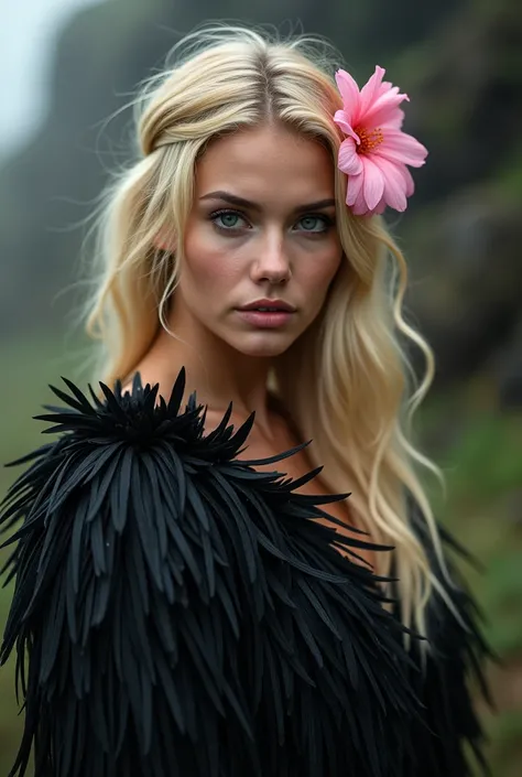 a picture of a blonde woman, with Easter Island rapa nui clothing of black feathers, full body and a pink flower on the left side of the head along with a path of small pink flowers in the hair 