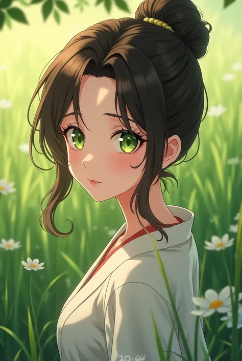  anime,Chico, Beautiful, you are dark, brown hair rice, green eyes, green meadow,