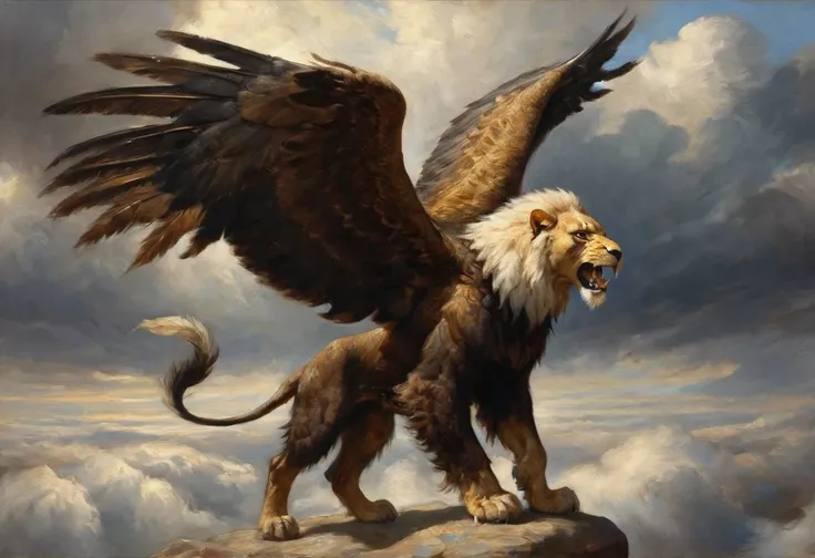 A griffin (head and mane of a white eagle, huge eagle wings attached to the shoulders, fore legs and talons of a bald eagle, body and hind legs of a lion, lion tail) flies majestically in the clouds
