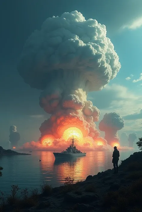 Blue nukes and orange nukes explode amid the islands.,Realistic picture,There is a warship.