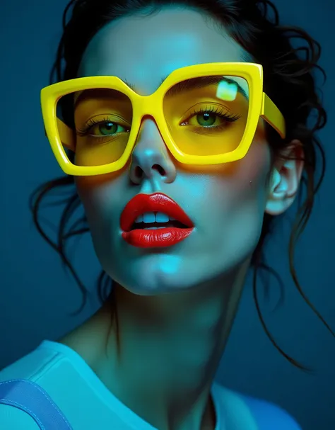 Close-up of a fashion model wearing neon yellow sunglasses, High contrast, Dark blue background, In the style of David · La Chapelle and Tammy · Bohn, Surrealistic photography, Extravagant editorial cover style, Shot for a Vogue magazine advertisement, Wit...