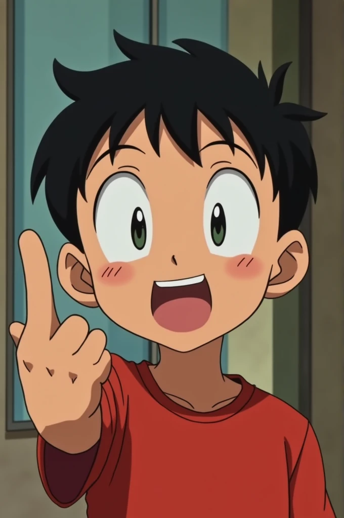 Nine years old Nobita showing middle finger in front of the camera