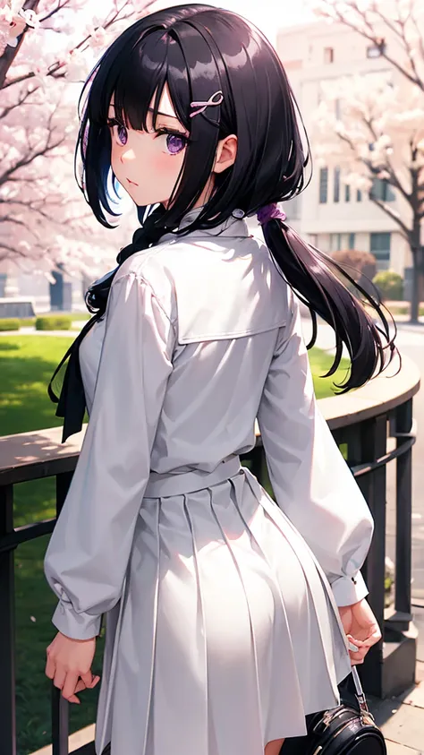 score_9, score_8_up, score_7_up, score_6_up, score_5_up, score_4_up, source_anime, aatomoyo, medium hair, black hair, hair clip, parted bangs, purple eyes, small breasts, serafuku, white sailor collar, white scarf, black shirt, long sleeves, pleated skirt,...