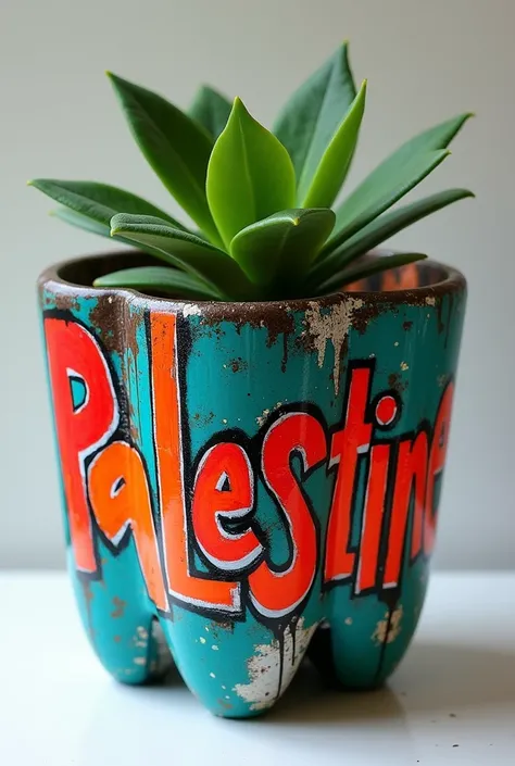 Palestine spray art on bottol plastic that has been cut to make a flower pot