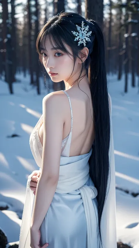 **Prompt:** Create an ultra-realistic 8K resolution image of Yuki-onna, the mythical figure from Japanese folklore, reimagined as the ultimate embodiment of beauty. Yuki-onna is depicted as a hauntingly beautiful woman with long, flowing black hair that ca...