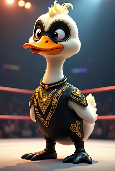 cartoon goose dressed like WWE wrestler Golddust.

Cartoon Goose head. Cartoon Goose face. Cartoon Goose hands.

Short blonde hair 

Black paint on face with gold highlights.

Black full bodysuit ordained with gold accents. Black wrestling boots.

Standing...