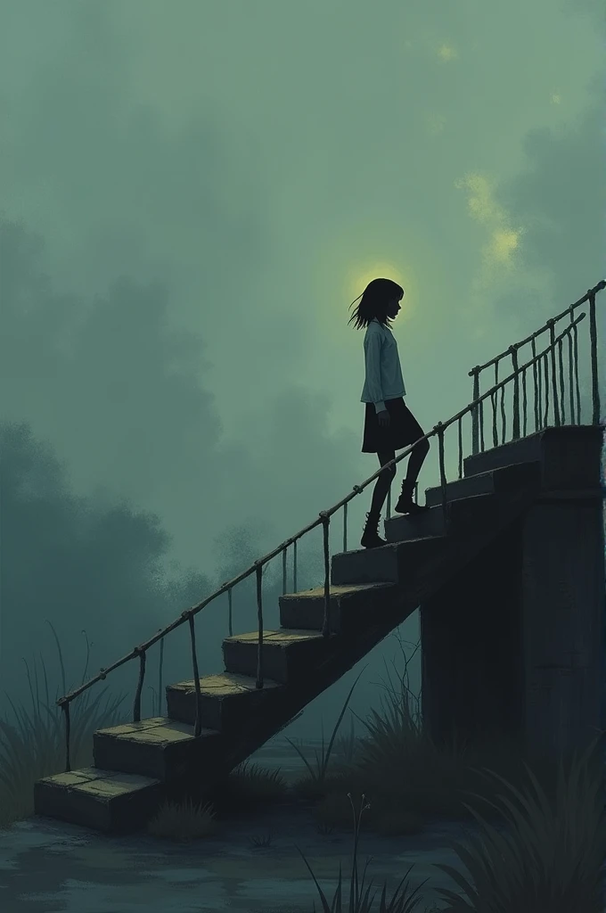 Imagine a scene where a human girl, profile view, is climbing the steps of a bridge under a cloudy and grey sky. The atmosphere is melancholic, with an air of sadness that seems to permeate the entire environment. There is a soft yellow light that slightly...