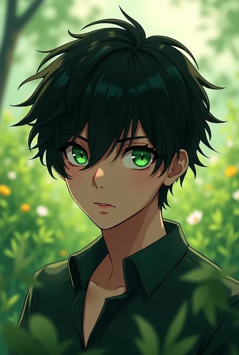  anime,Chico,man,Beautiful, you are dark, by rubio , green eyes, green meadow,