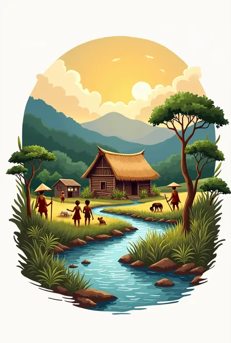 Create a logo with a board house, a stream, peasants and indigenous people