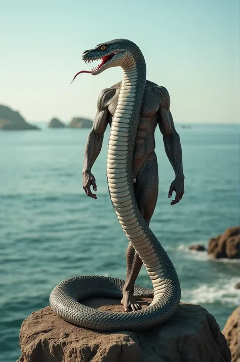 ((Man with snake body)),((anatomically correct)),((with a landscape at sea)),((posing on a rock))
