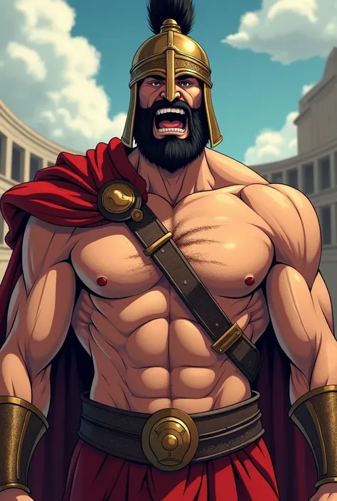 {Greek warrior}{gladiator}{Closed clothes with only the chest shown}{アニメ}{scar on the right eye}{closed beard}{roupas de gladiator e capacete}{scar a large cut on his chest from shoulder to hip}{no tattoos}{ and no hair on the ruler}{yelling}