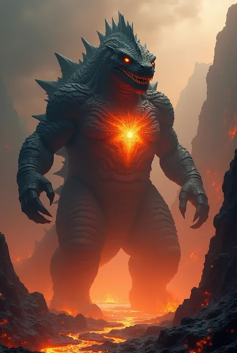 a kaiju with obsidian scales and an orange glow on its chest that lives in a volcano 