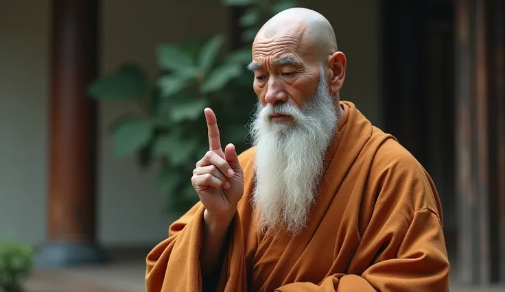 make me an old man from Asia in meditation clothes, bald and with a big beard with a very wise face with his hand above his chest pointing the finger