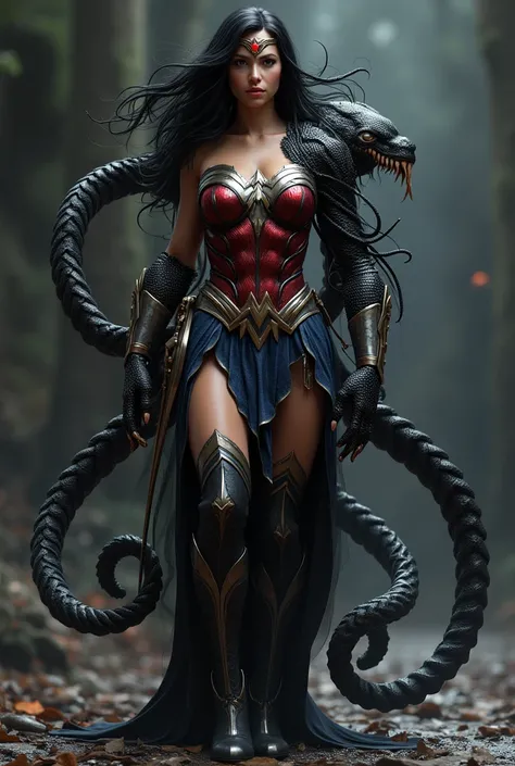 (((A beautiful woman with long black hair under the mantle of the Amazon warrior Wonder Woman corset headband in black metal with a red star on her forehead long boots up to her knees possessed by the Spiderman Symbiote))) 