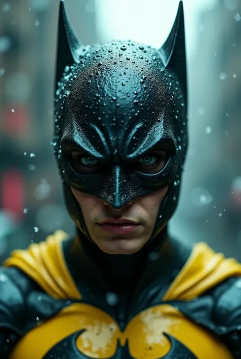 Rain, fragments, particles blender Extreme close-up face 
Actor asian Akira kanedas batman mixed wolverine creepy monstrous scary as batman fusion wolverine Year 2099s from X-Mens filmed by ZackSnyder, wolverine dress traje semi rasgado , fighting against ...