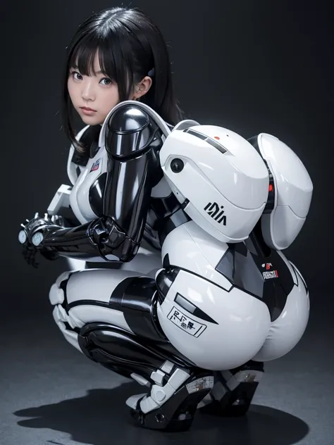 Japanese woman in a black and white robot suit,Plump,Squat,