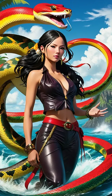 /imagine prompt: A hyper-realistic full-body shot of Boa Hancock, showcasing her elegance and strength alongside her gigantic snake. The scene should be in high definition with vibrant colors, featuring Luffys pirate ship prominently in the background, sai...