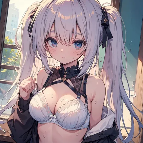 (masterpiece:1.2), Hyper Detail, Highest quality, (Complex_detailed:1.1), Beautiful details, Beautiful Hair, One personで, One person,One side up,(sweating:1.2),(vapor),Heavy breathing,vapor,chuckle,From above,shoulder,((White sexy bra)),Cleavage,dark,Backl...