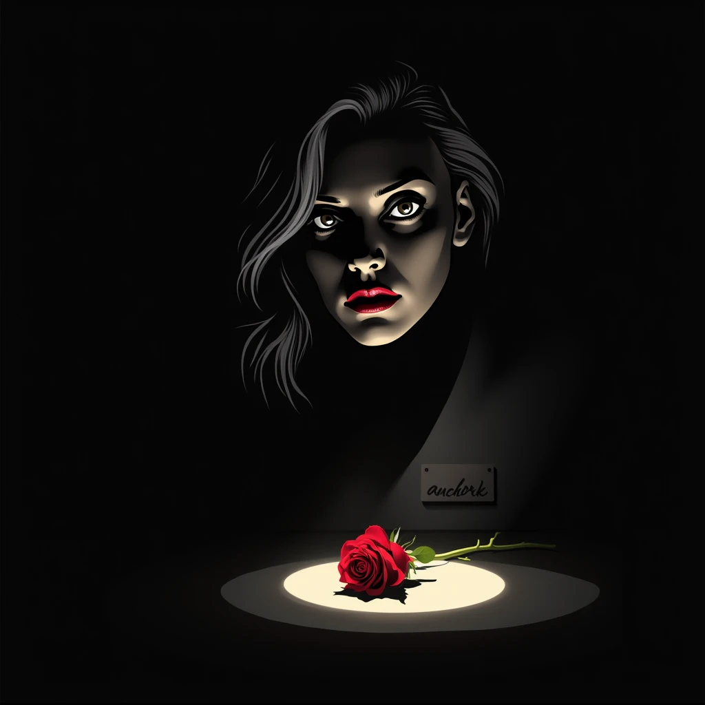 A noir-style vector illustration of Scarlett Johansson, her face partially obscured by shadow. The background is a stark black, with a single, bright spotlight illuminating her face. Her eyes, filled with a mix of intrigue and sadness, peer out from the da...