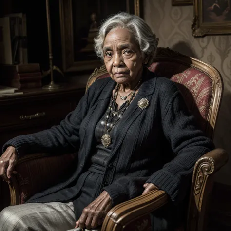 Elderly black woman sitting in armchair, holding cane, dark surroundings, antique decorations, 90 years old, frightful