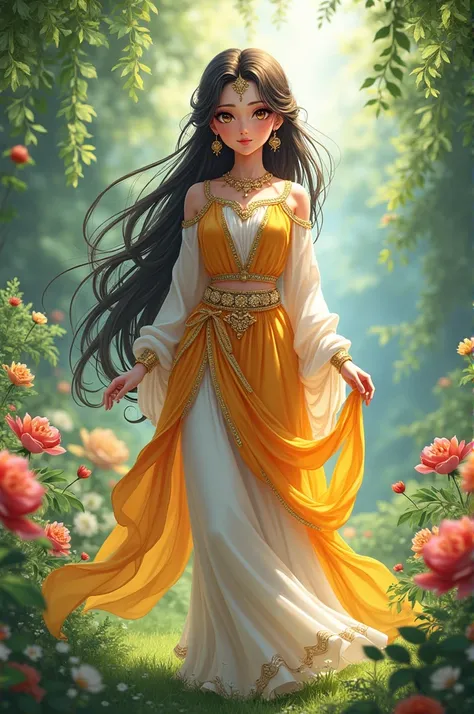 Radha Rani, who is standing in the garden, is wearing very beautiful clothes and has done a wonderful adornment. She is filled with compassion. Goodness is reflected in her eyes.create a anime of that 