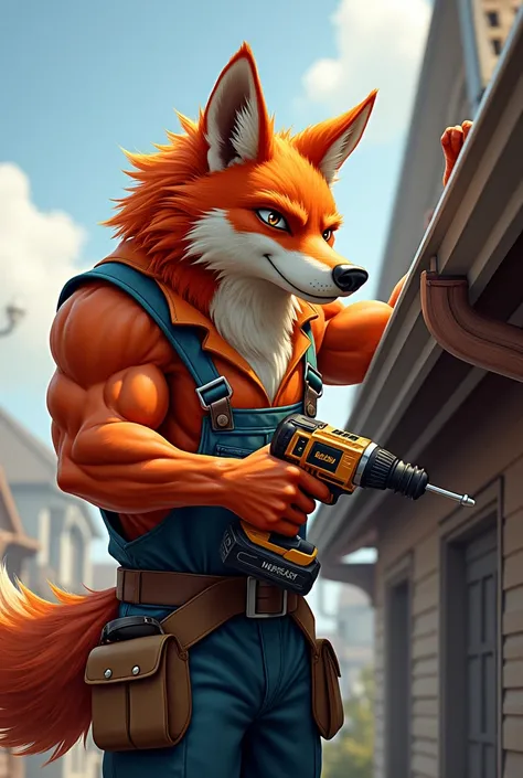 Strong red wolf in work clothes , installing gutters , screwdriver drill 