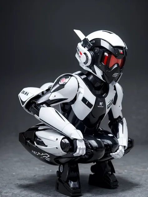 Japanese woman in a black and white robot suit,Squat,