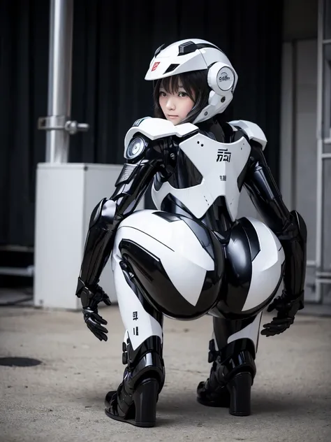 Japanese woman in a black and white robot suit,Squat,