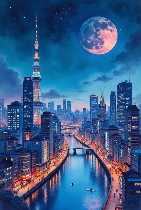 best quality, very good, 16,000, delicate and dynamic, Beautiful watercolor landscape painting, Beautiful red Tokyo at night, Modern and Retro, Pop and Classic, New and old, Learning from the past, (Great view:1.7)