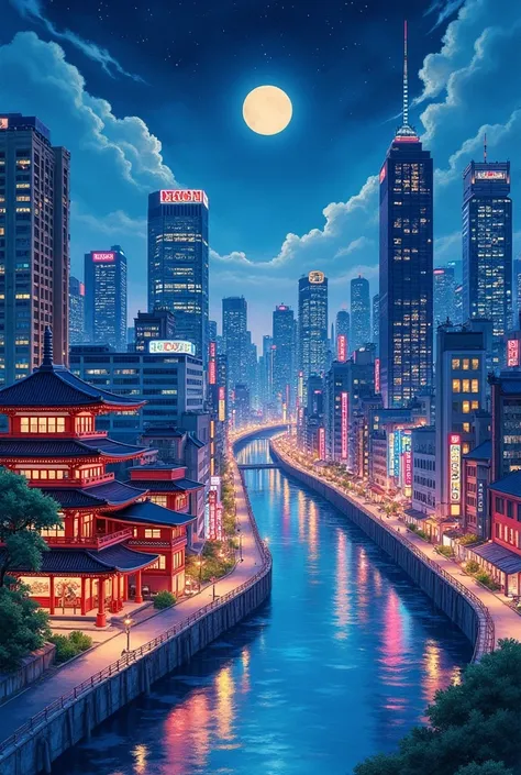 best quality, very good, 16,000, delicate and dynamic, Beautiful watercolor landscape painting, Beautiful red Tokyo at night, Modern and Retro, Pop and Classic, New and old, Learning from the past, (Great view:1.7)