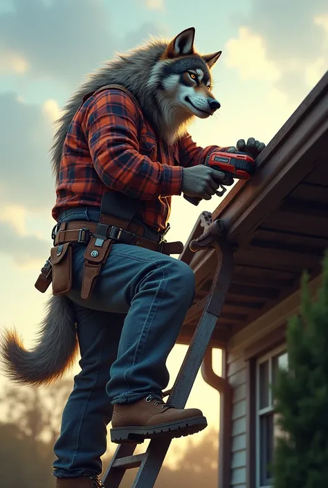 Strong wolf in work clothes , installing gutters , screwdriver drill 